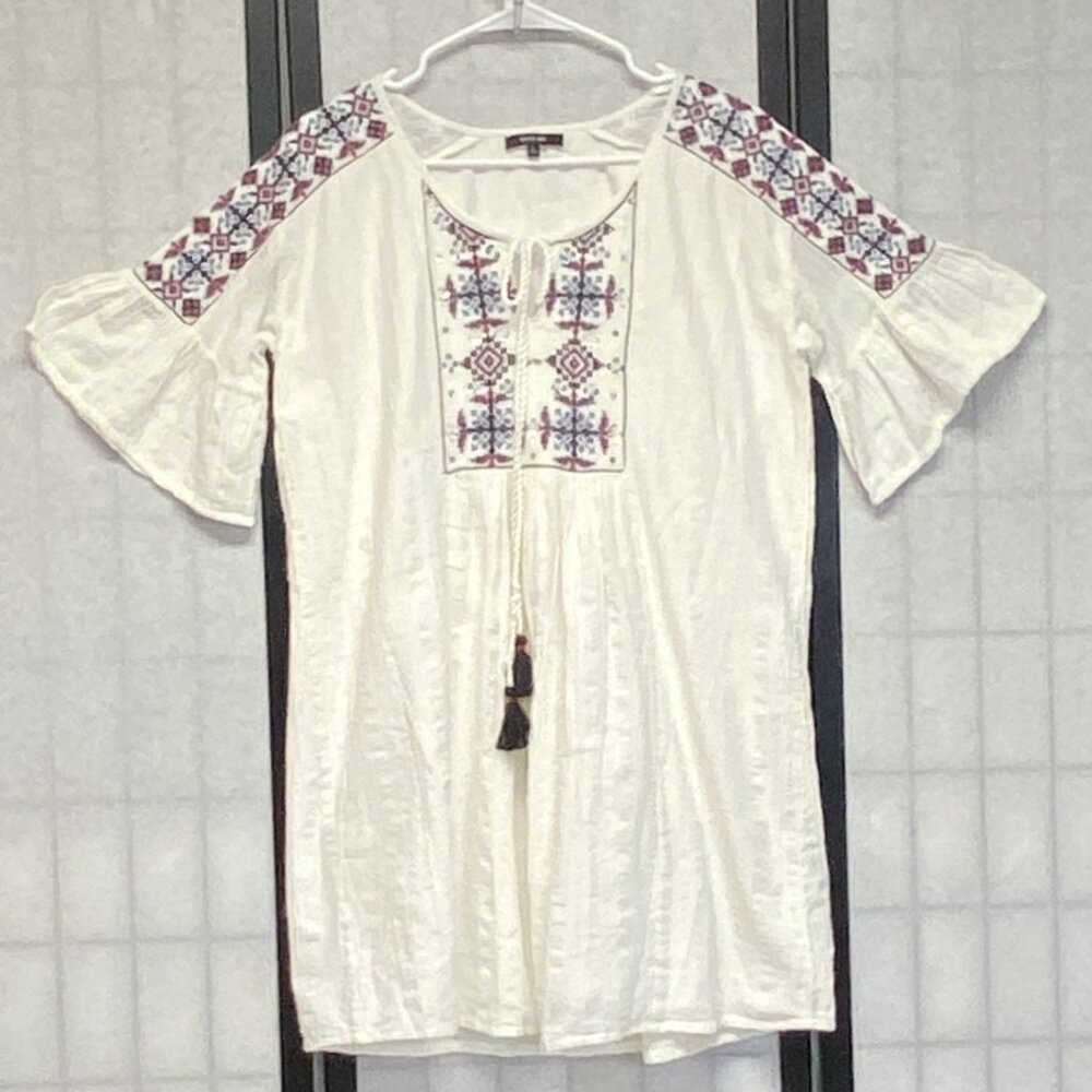 Miss Me Semi Sheer Flowy Peasant Tunic Top L Boho Bell Sleeve Embroidered Beaded